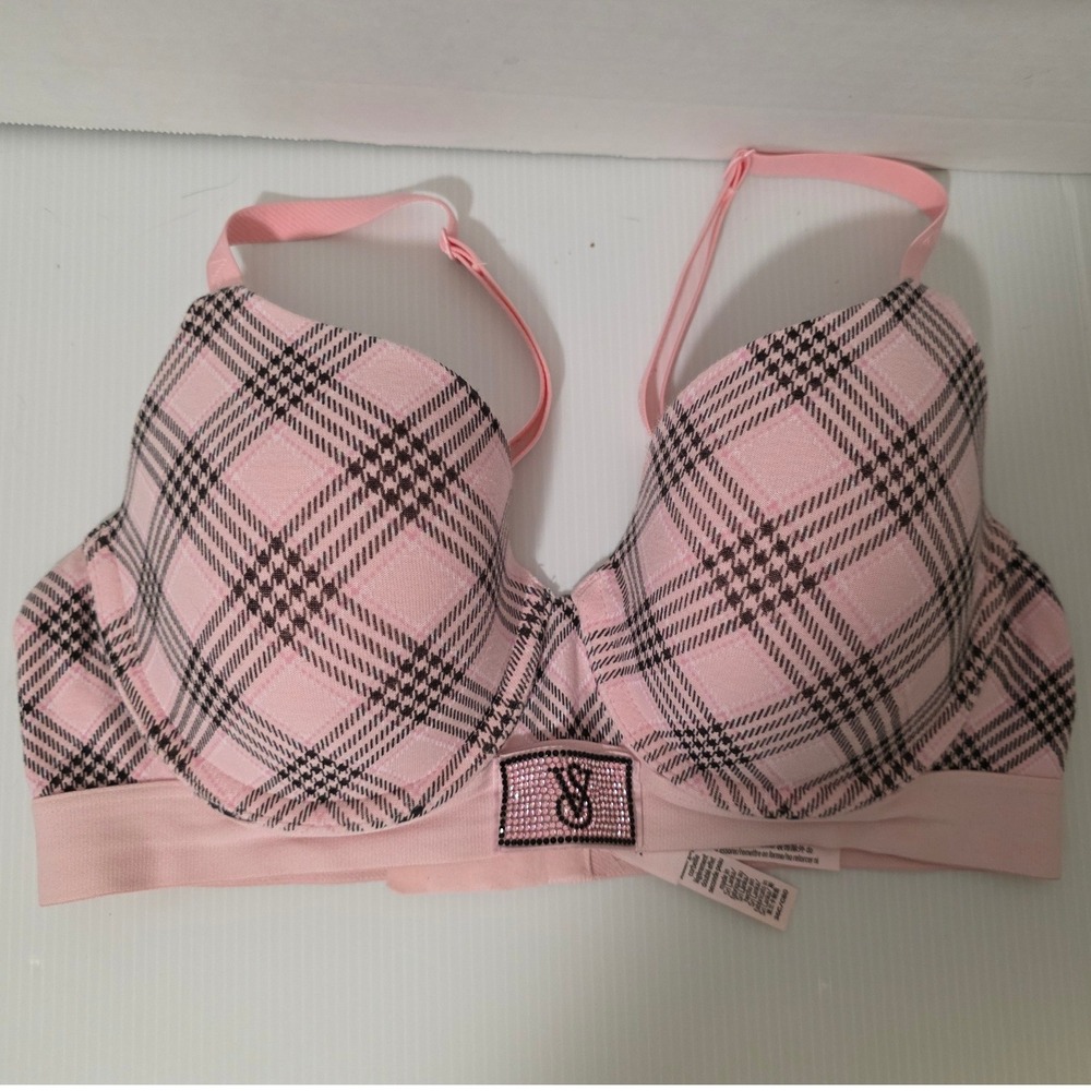 Victoria's Secret Pink Plaid Rhinestone Logo Bra 36C Pink NWT 11253641
